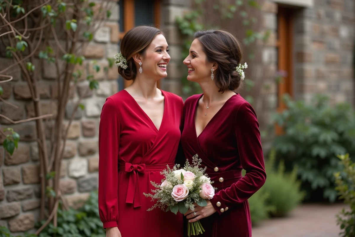 Deux femmes en robes rouges élégantes riant ensemble lors d'un mariage en terrasse