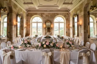 Salle de réception de mariage dans un château d'Auvergne-Rhône-Alpes, avec grande table décorée, murs en pierre et fenêtres donnant sur la campagne française
