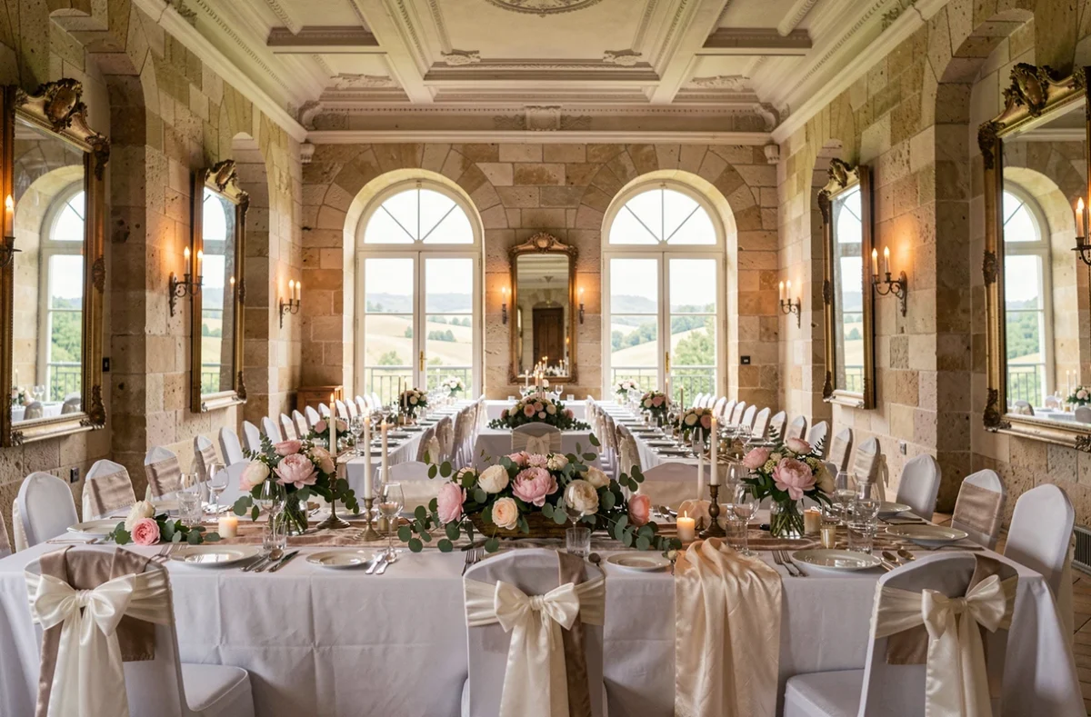 Salle de réception de mariage dans un château d'Auvergne-Rhône-Alpes, avec grande table décorée, murs en pierre et fenêtres donnant sur la campagne française