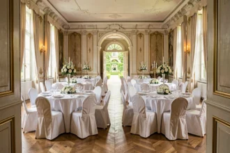 Grande salle de réception décorée pour un mariage dans un château du Nord de la France, avec tables rondes fleuries et parquet brillant