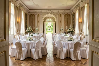 Grande salle de réception décorée pour un mariage dans un château du Nord de la France, avec tables rondes fleuries et parquet brillant
