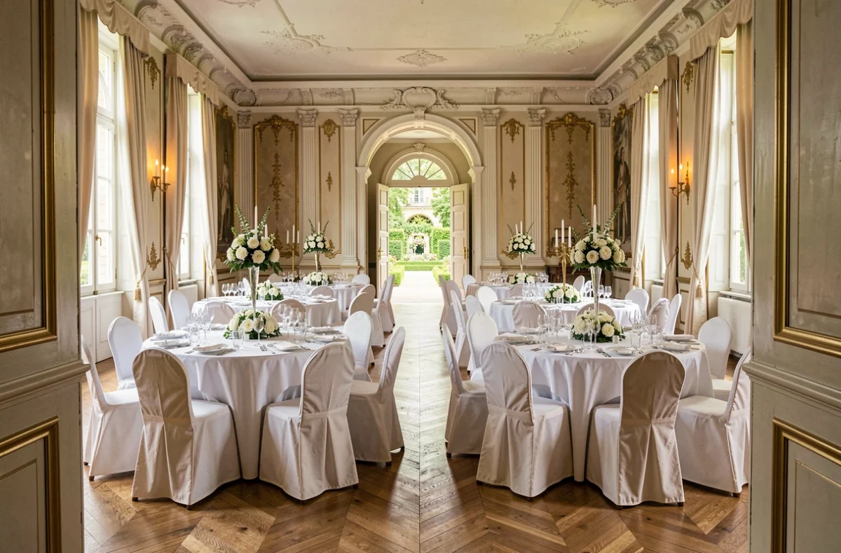 Grande salle de réception décorée pour un mariage dans un château du Nord de la France, avec tables rondes fleuries et parquet brillant