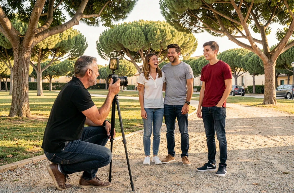 Photographe immortalisant une séance photo en famille dans un parc provençal à Istres