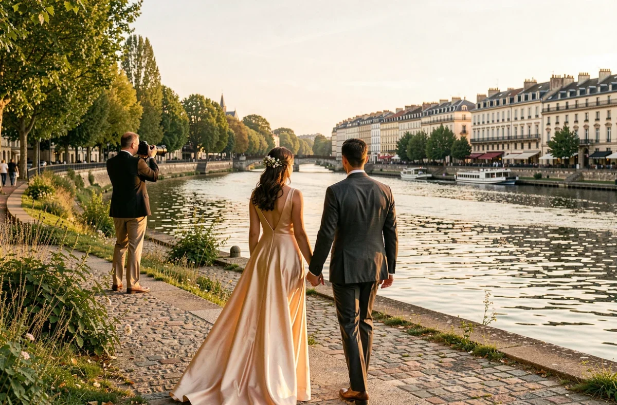 Couple de mariés se promenant au bord de la Saône à Mâcon photographié par un professionnel