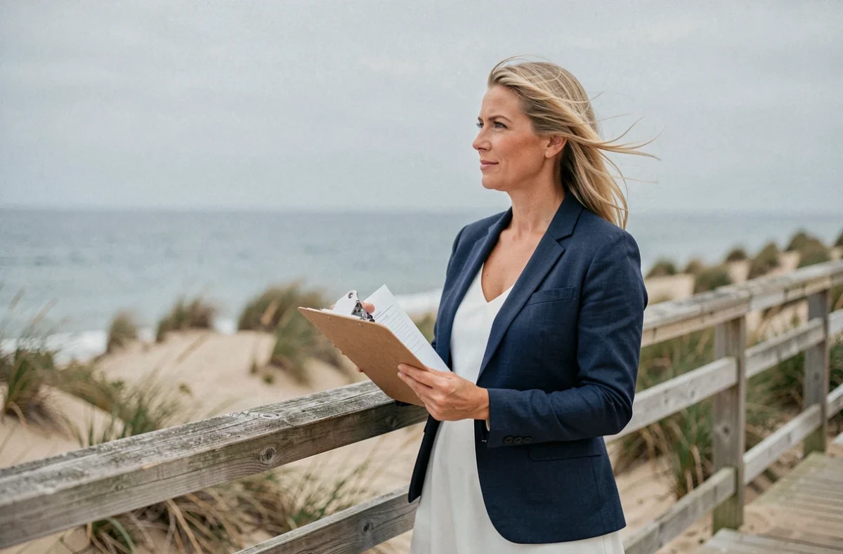 Wedding planner de Silvercoast Événement sur une terrasse en bois face à l'océan Atlantique, tenant un clipboard avec des notes d'événement