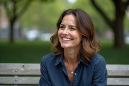 Sophie Jovillard souriante dans un jardin urbain, évoquant l'équilibre entre vie publique et vie privée