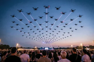 Spectacle de drones lumineux en formation géométrique dans le ciel crépusculaire au-dessus d'une foule en plein air