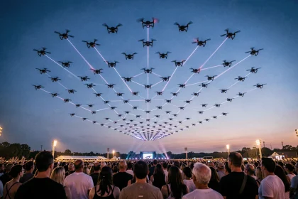 Spectacle de drones lumineux en formation géométrique dans le ciel crépusculaire au-dessus d'une foule en plein air