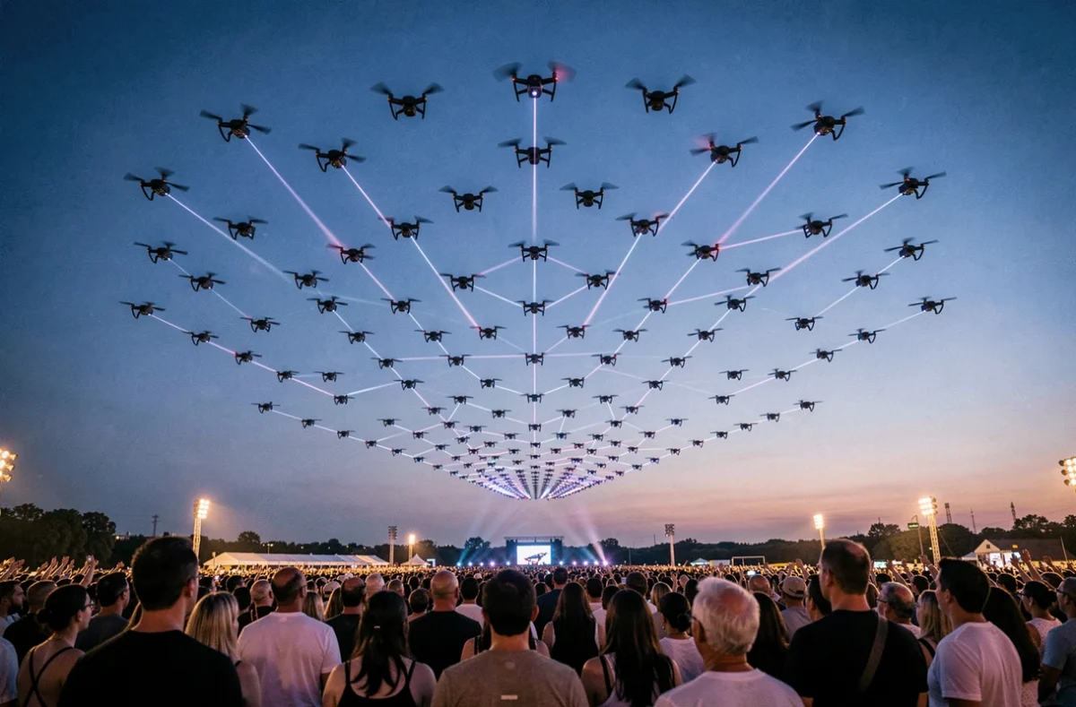 Spectacle de drones lumineux en formation géométrique dans le ciel crépusculaire au-dessus d'une foule en plein air