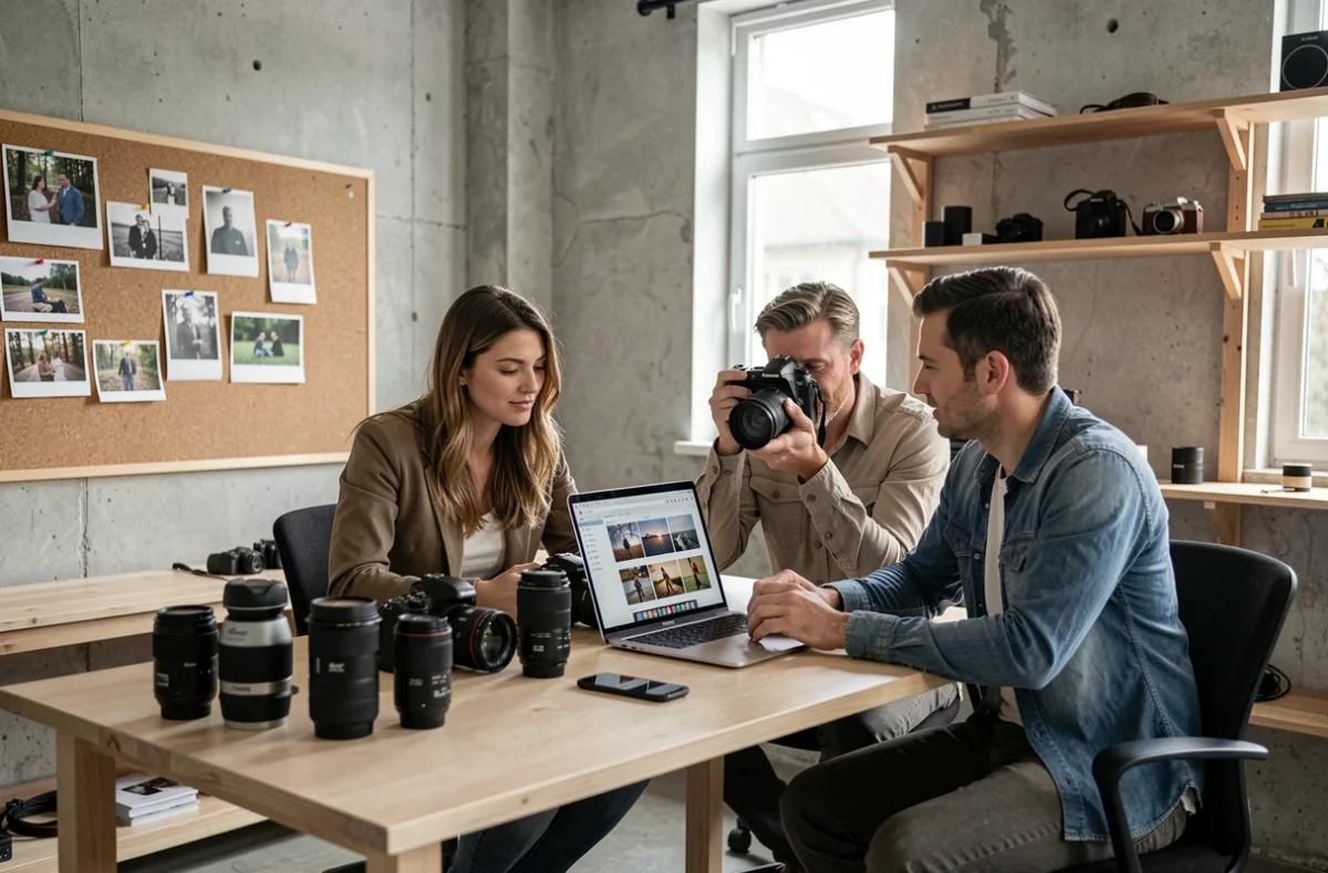 Deux photographes collaborant sur un portfolio dans un studio photo à Bourges