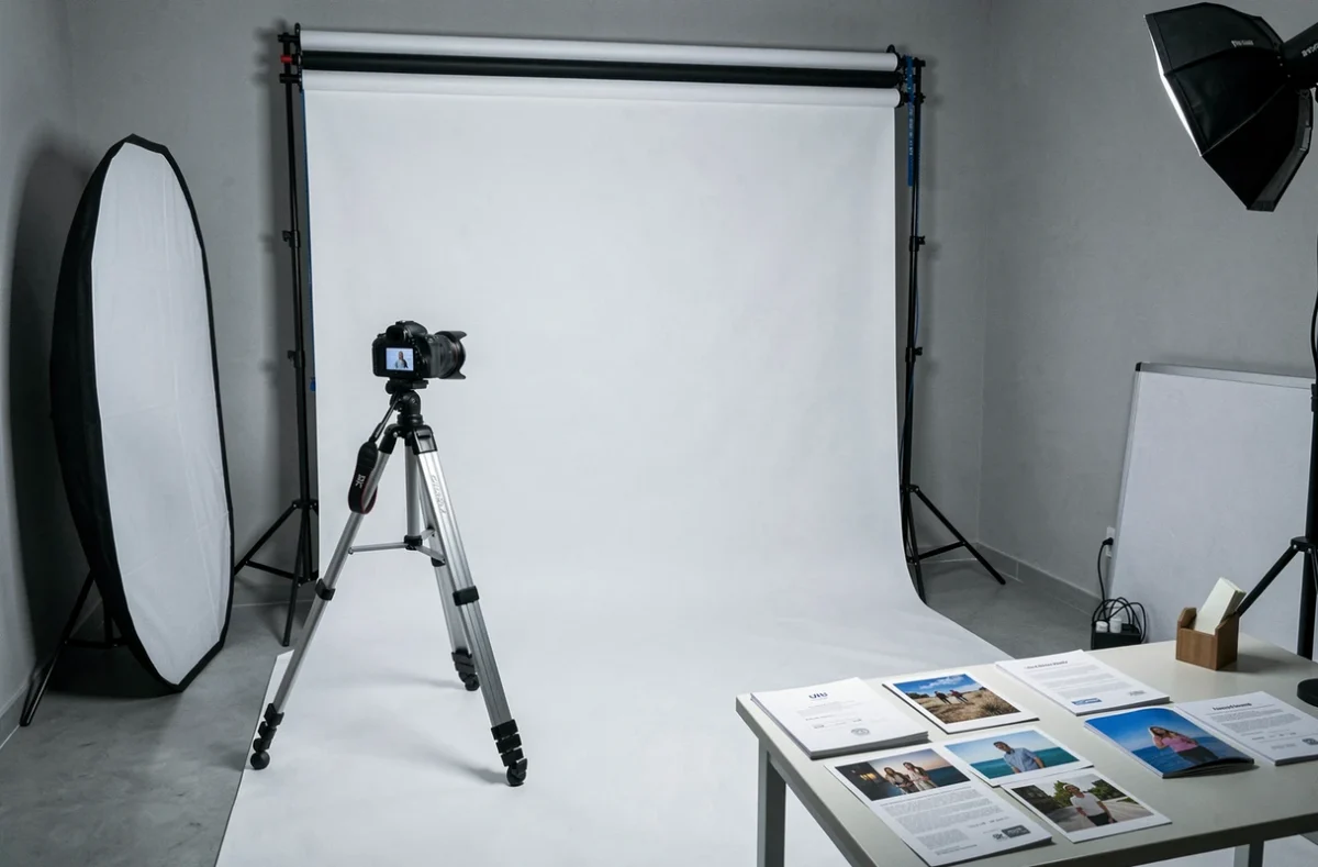 Studio photo professionnel prêt pour une séance à Istres avec fond blanc et matériel reflex
