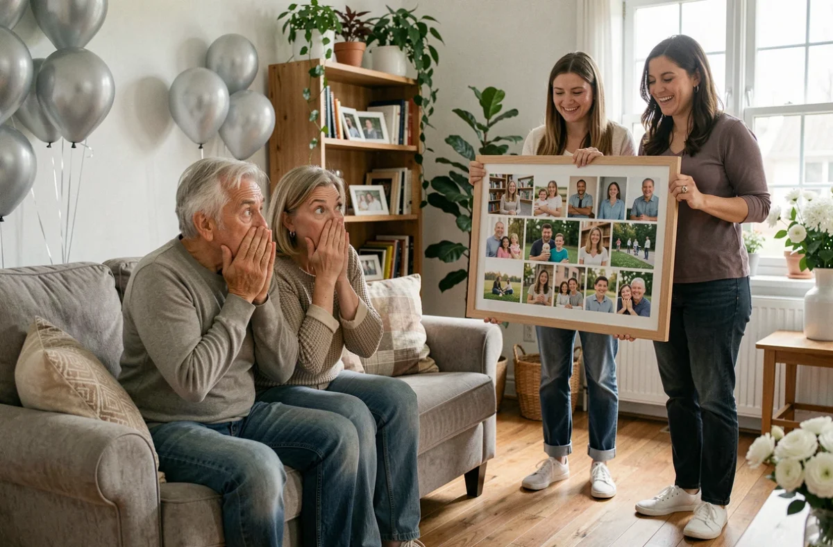 Couple surpris par ses enfants avec un collage photo lors d'une célébration de 25 ans de mariage à la maison