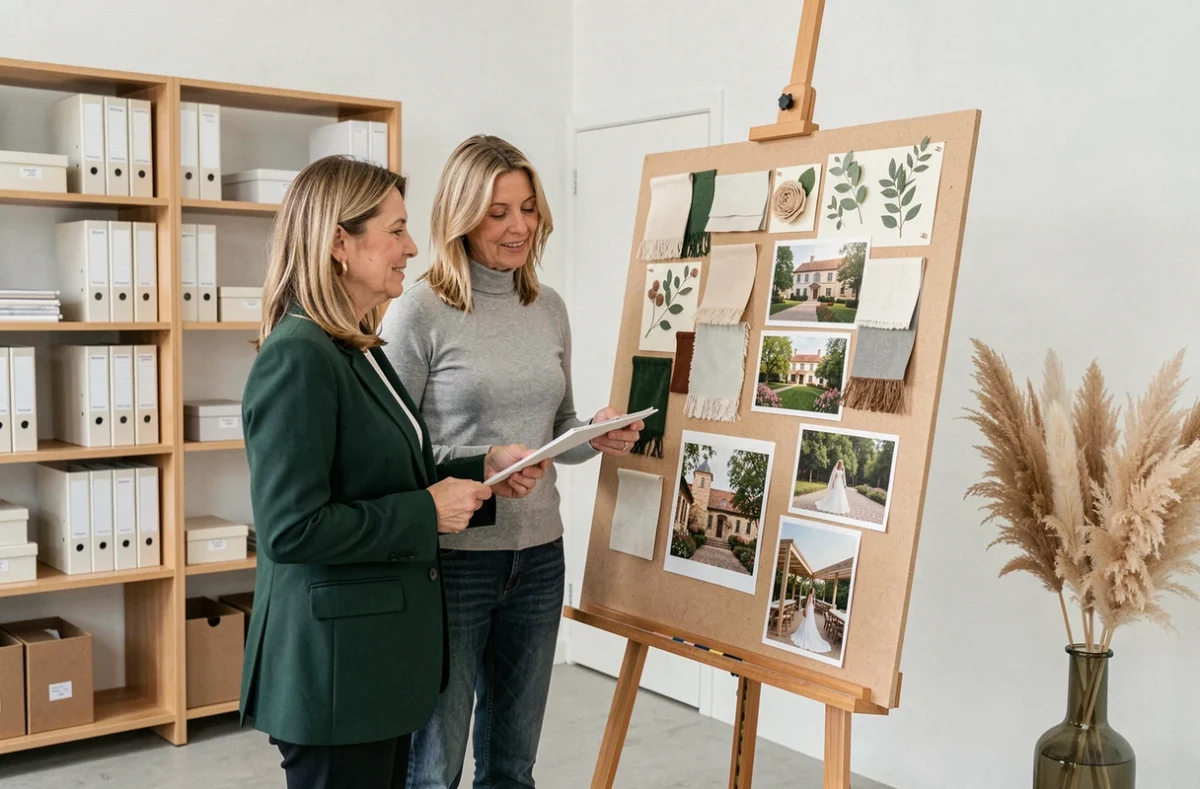Deux planificatrices de Symbiose Wedding & Event Planning examinant un tableau de concept de mariage dans un studio minimaliste