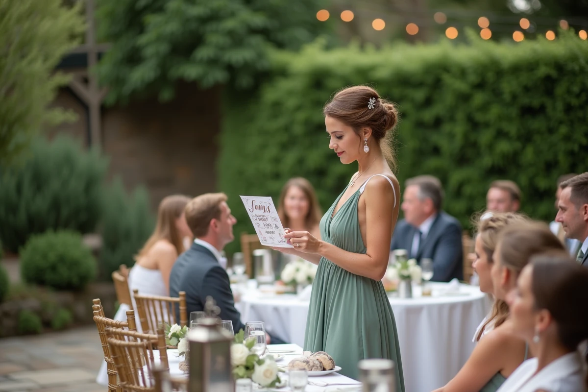 Témoin de mariage présentant une animation de jeu aux invités lors d'une réception en jardin