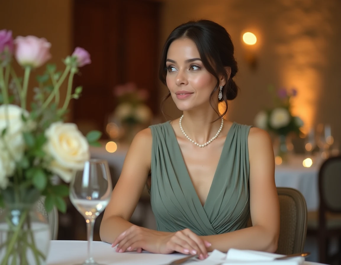 Invitée de mariage en robe en crêpe vert sauge assise à une table de réception décorée
