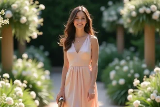 Femme invitée de mariage portant une robe midi en soie fluide couleur rose poudré dans un jardin fleuri