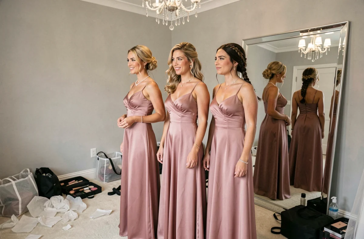 Trois demoiselles d'honneur avec des coiffures différentes et imparfaites se regardant dans un miroir avant la cérémonie