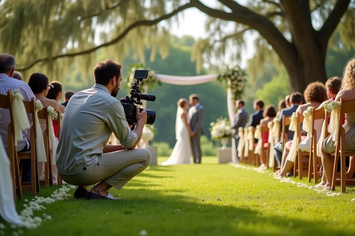 Vidéaste de mariage filmant une cérémonie en plein air dans un jardin fleuri à la campagne française