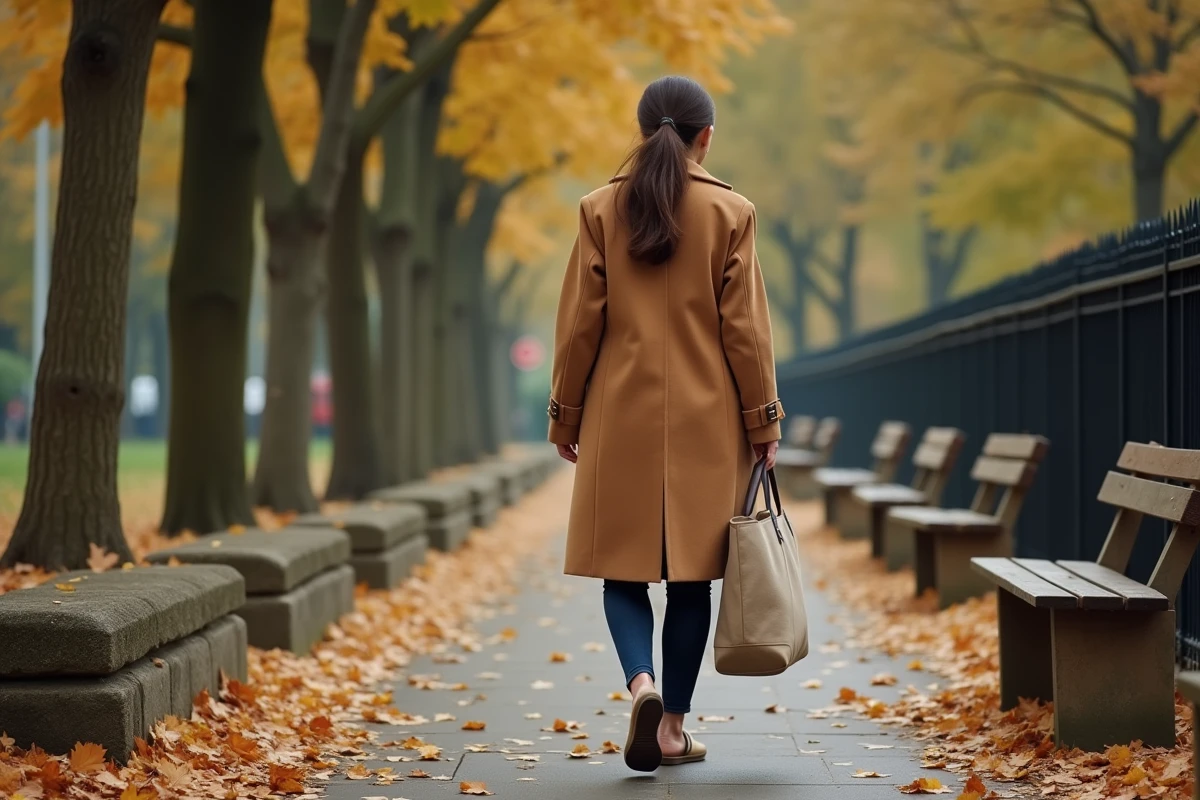 Femme marchant dans un parc parisien en automne symbolisant la frontière entre vie publique et vie privée des proches de célébrités